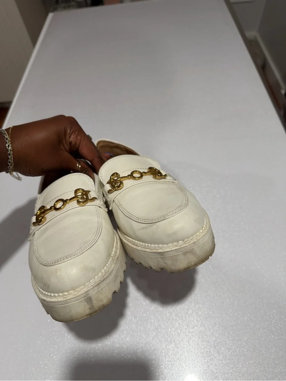 Circus by Sam Edelman Cream Leather Loafers with Gold Hardware